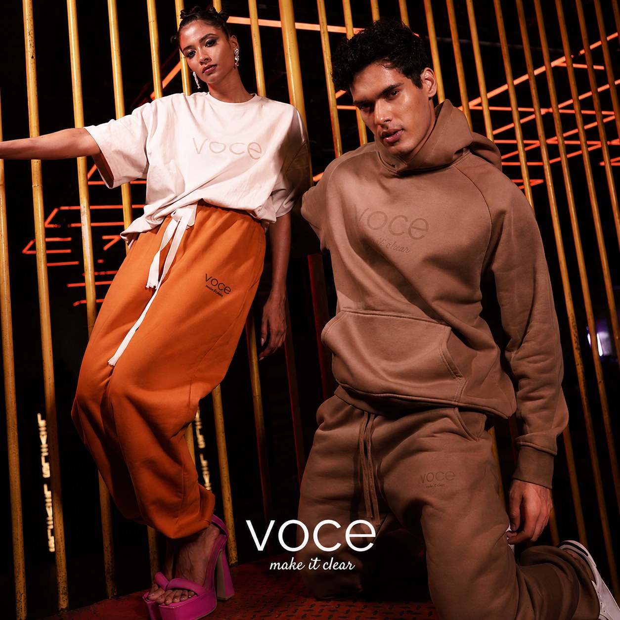 Two models in rust and brown