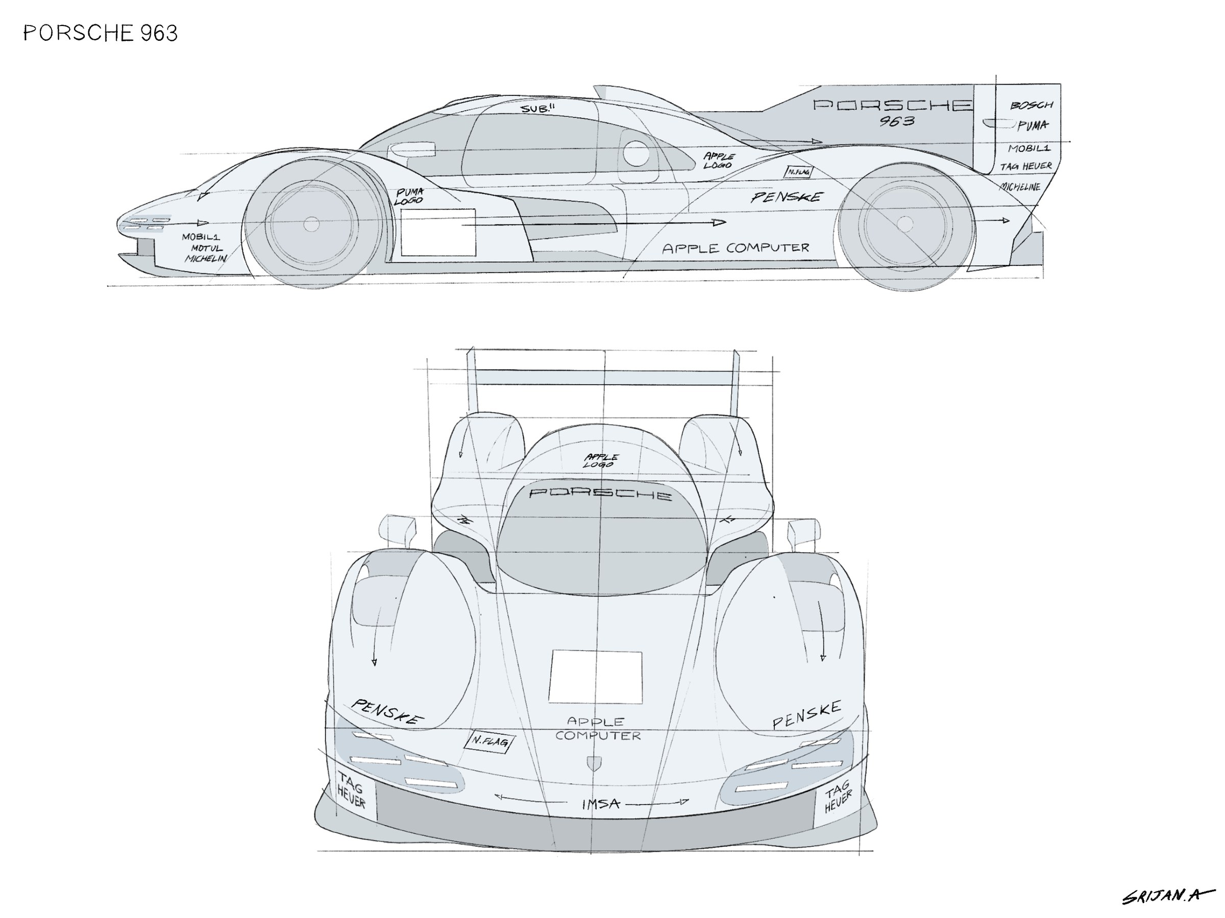 Technical line drawing of the 963, side and front elevation