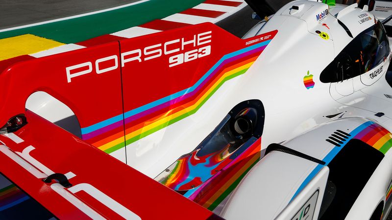 Close-up of the rainbow stripes on the 963 bodywork