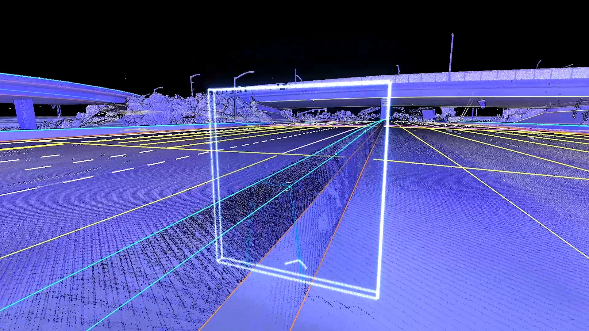 Same scene as a violet point cloud with a selection box