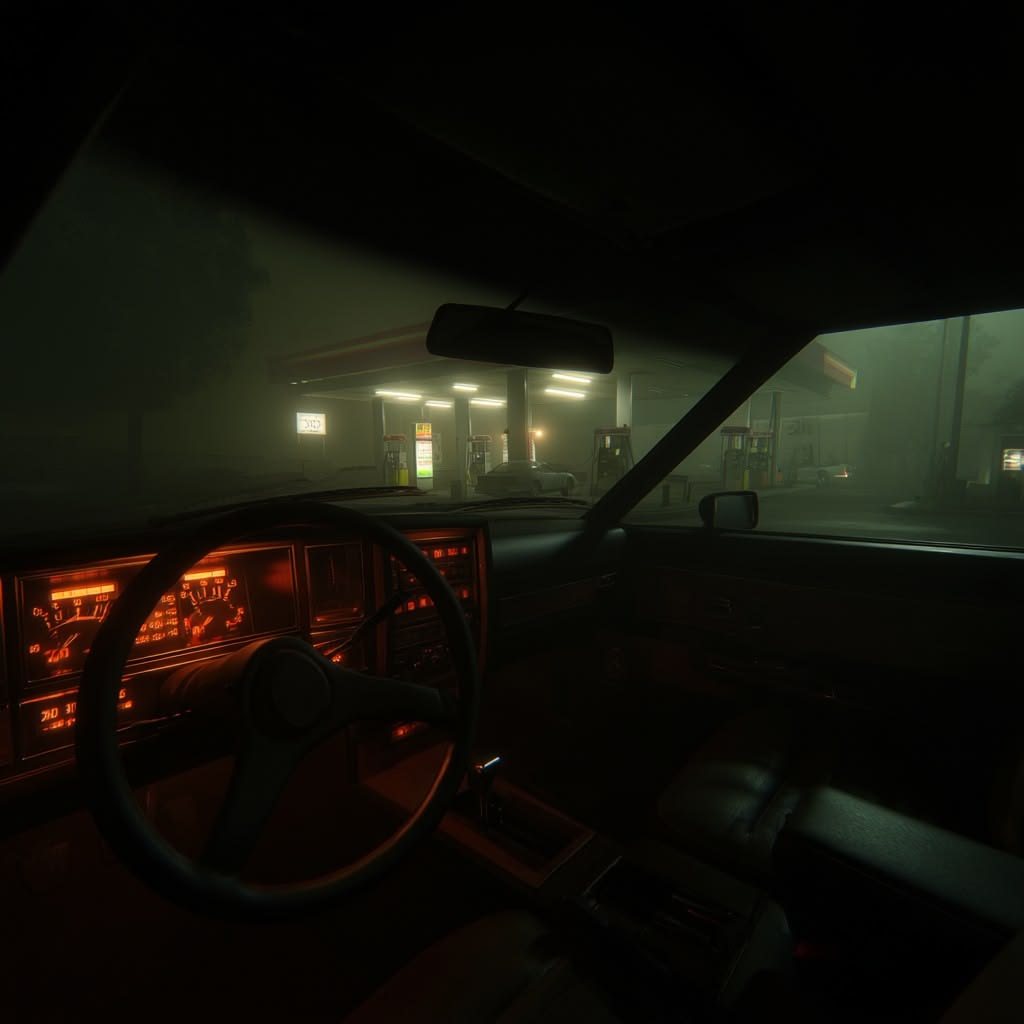 A foggy gas station seen from inside a car at night