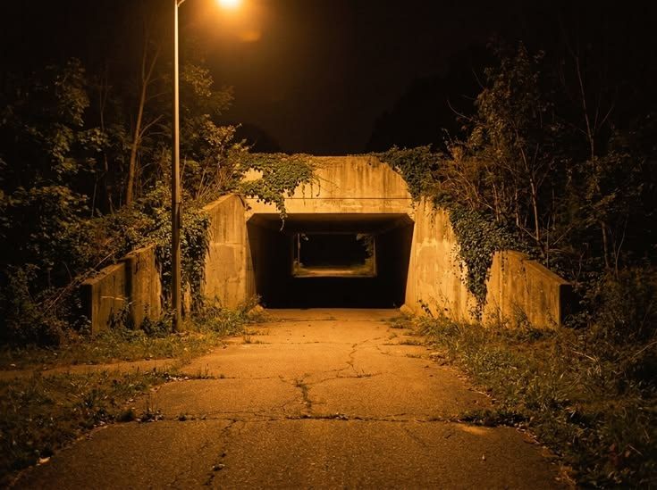 Underpass tunnel at night under a sodium streetlight