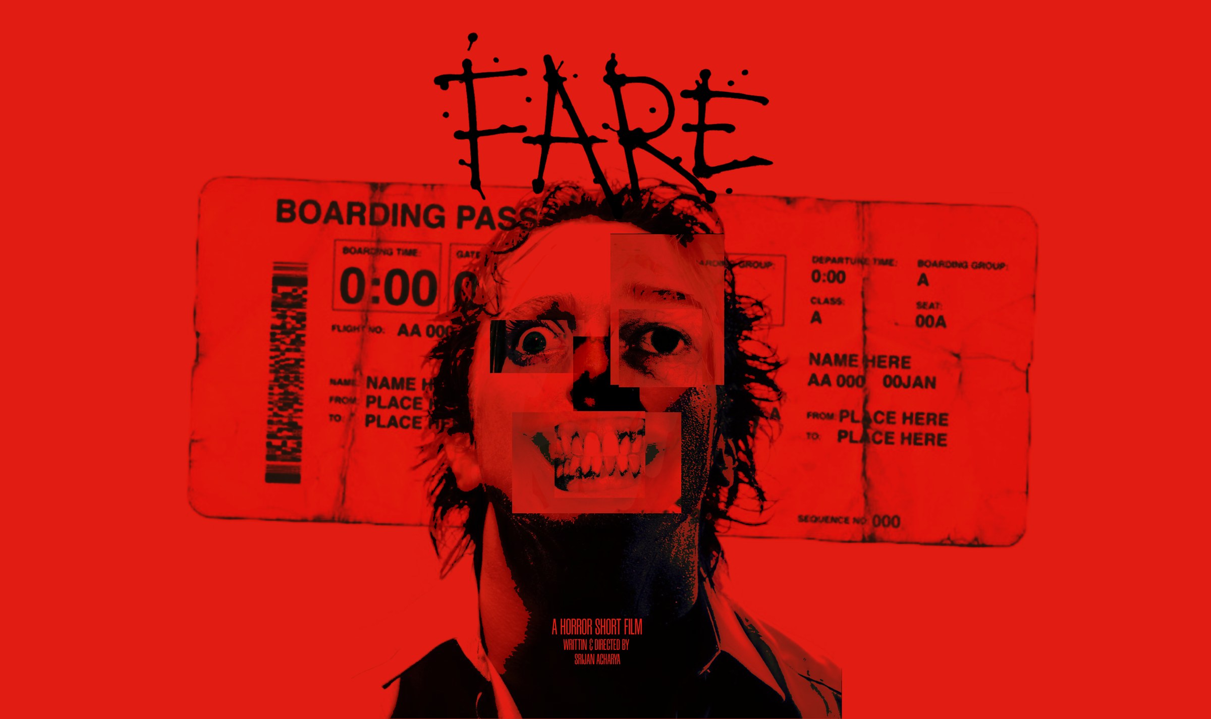 FARE key art — a face fractured across a boarding pass, black on red